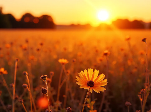 Abstract warm landscape of dry wildflower and grass meadow on warm golden hour sunset or sunrise time. Tranquil autumn fall nature field background. Soft golden hour sunlight panoramic countryside . A - Powered by Adobe