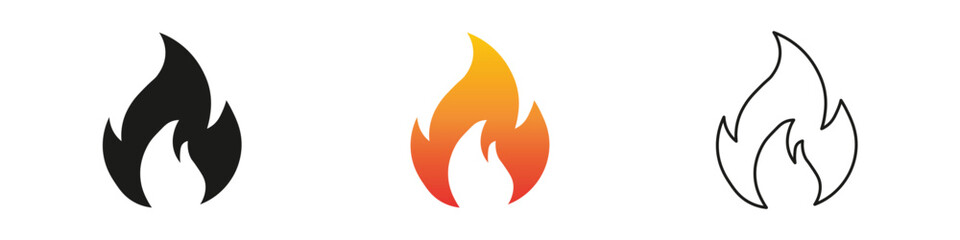 Flame symbols in various colors and styles for design. Fire icon vector set. Flame icon collection. Fire flame symbol. Black, gradient, line set