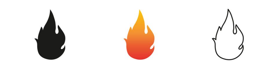 Different styles of flame icons for design purposes. Fire icon vector set. Flame icon collection. Fire flame symbol. Black, gradient, line set