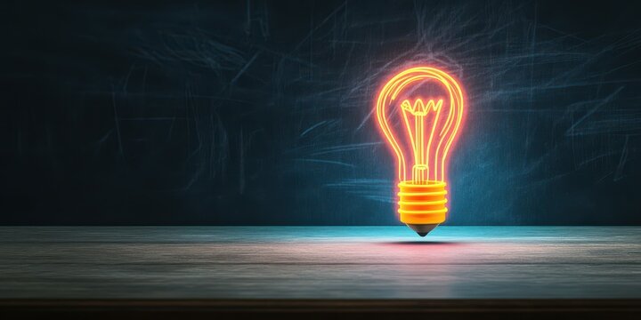 A glowing neon pencil sketching a lightbulb on a blank canvas, symbolizing the start of a creative journey, upper half for text.
