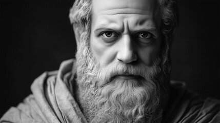 Grayscale AI facial reconstruction of Pythagoras based on his known sculpture, ancient Greek mathematician and philosopher.  
