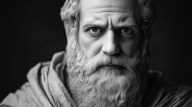 Grayscale AI facial reconstruction of Pythagoras based on his known sculpture, ancient Greek mathematician and philosopher.  
