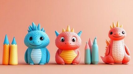 doodle characters flat design side view quirky fantasy theme 3D render Split-complementary color scheme