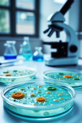 E. coli and S. aureus Cultures on Agar Petri Plates with Lab Equipment and Microscope