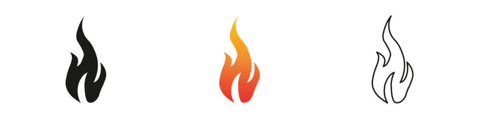 Fire design elements in black, orange, and outline styles. Fire icon vector set. Flame icon collection. Fire flame symbol. Black, gradient, line set
