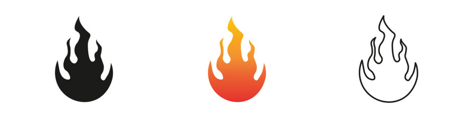 Stylized flames in three variations showcasing design elements. Fire icon vector set. Flame icon collection. Fire flame symbol. Black, gradient, line set