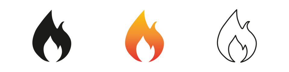 Flame graphics showcasing different styles and colors. Fire icon vector set. Flame icon collection. Fire flame symbol. Black, gradient, line set