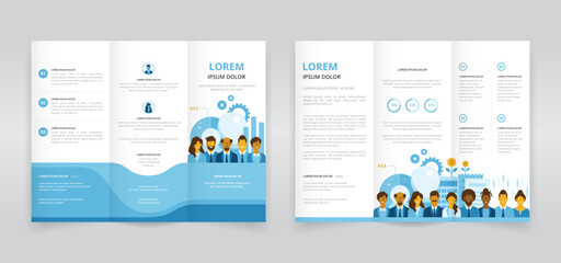 Trifold brochure, pamphlet or triptych leaflet template for business and finance sector featuring diverse group of corporate professionals