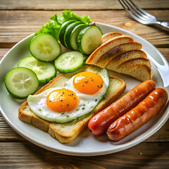 An English breakfast featuring fried eggs, sausages, cucumber, and other classic sides