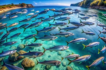 Aerial View of Vibrant Blue Waters and Schools of Maquereaux Swimming in the Coastal Region, Capturing the Beauty of Marine Life and the Oceanic Ecosystem