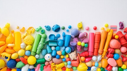 Colorful toys forming a rainbow on white background