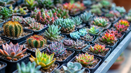 Obraz premium Vibrant collection of various cacti and succulents in pots