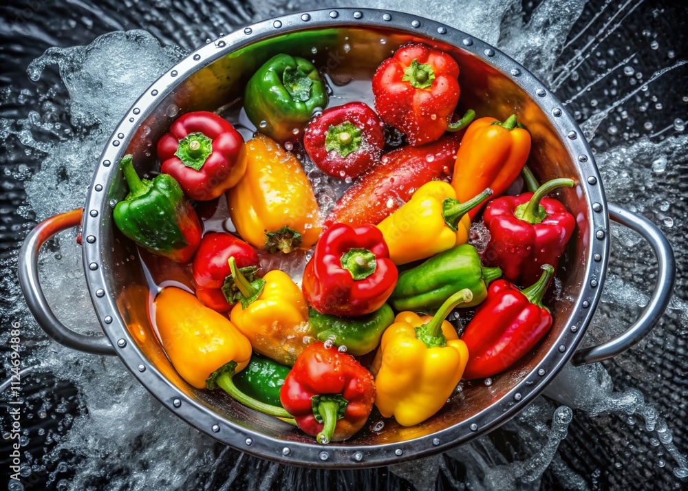 Aufkleber aerial view of vibrant colorful peppers being washed in a colander with water splashing captured in 