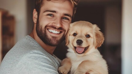 A joyful man showcases his love for his son while cradling an adorable puppy in a warm and inviting living room. The atmosphere is filled with laughter and affection