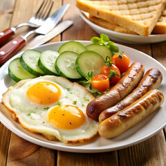 An English breakfast featuring fried eggs, sausages, cucumber, and other classic sides