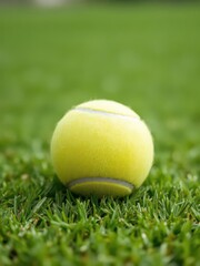 Soft focus of tennis ball on vibrant green grass court with blurred background, soft focus
