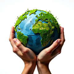 earthly embrace hands holding globe with lush green foliage world environment day concept white...