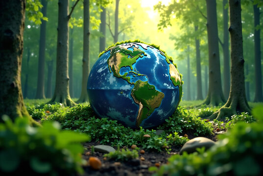 Forest, planet earth with trees, climate change, global warming, sustainable lifestyle, ecology and environment . AI GENERATIVE IMAGE