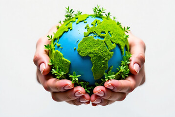 earthly embrace hands holding globe with lush green foliage world environment day concept white background . AI GENERATIVE IMAGE