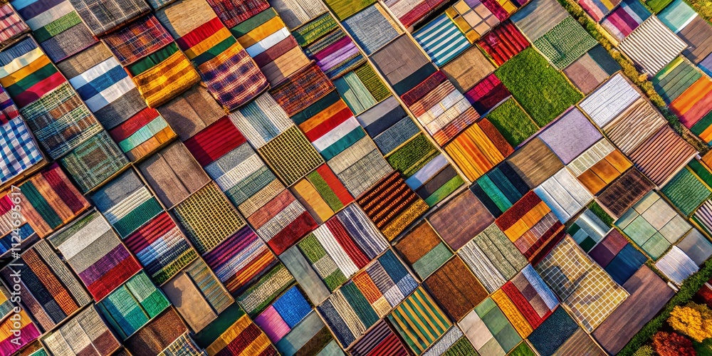 Poster aerial view of vibrantly colored plaid patterns on fields and textile fabrics for unique textile des
