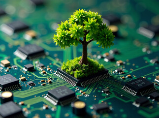 A vivid image of a tree flourishing on a circuit board symbolizing the convergence of nature and technology This striking visual juxtaposition illustrates the harmonious yet complex relationship betw