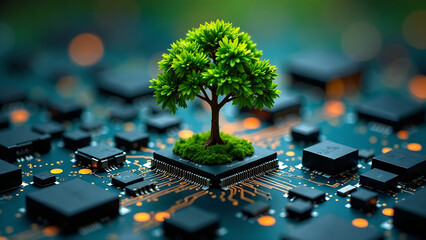 A vivid image of a tree flourishing on a circuit board symbolizing the convergence of nature and technology This striking visual juxtaposition illustrates the harmonious yet complex relationship betw 