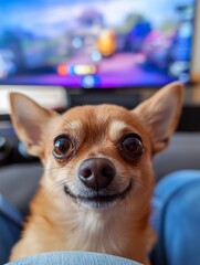 Chihuahua Closeup with a Joyful Expression Distracting Their Owner from a Television Show