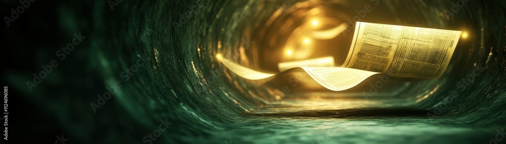 Poster a glowing tunnel with floating pages creates an intriguing, mysterious atmosphere, suggesting a jour