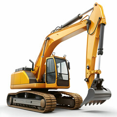 An excavator displayed against a white background, showcasing its large bucket, sturdy arm, and heavy-duty design for construction or digging tasks.