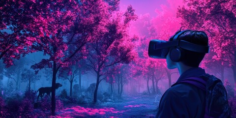 A VR user immersed in a digital forest with glowing, vividly colored trees and wildlife, with text space in the upper half.