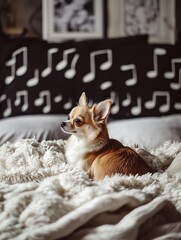 Chihuahua Resting on Bed with Musical Notes Background