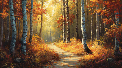 Fototapeta premium A trail winding through a forest of tall trees with golden and red leaves, sunlight peeking through the canopy.