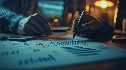 Business people analyzing financial data at night.  Concept of teamwork, finance, and late night work.