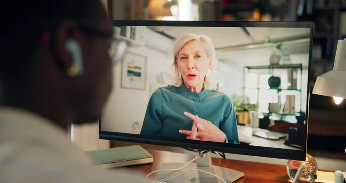 Computer screen, video call and manager with employee in office for probation review or feedback. Online meeting, technology and person on virtual discussion with businesswoman on pc in workplace.