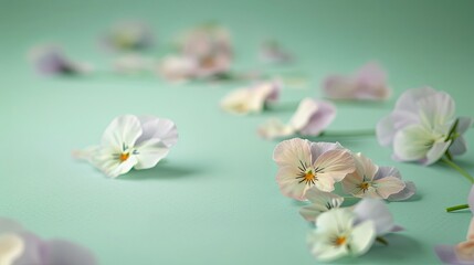 A soft-focus background with a few scattered pansy flowers placed on a muted, pastel green surface.