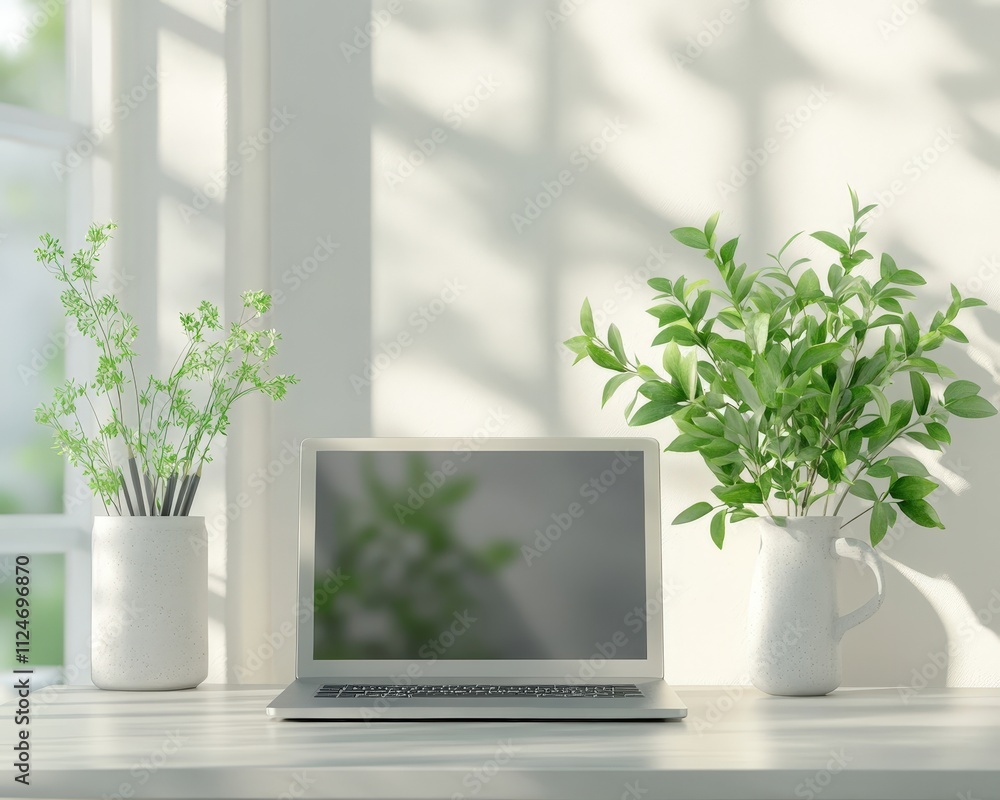 Poster a modern workspace featuring a laptop surrounded by greenery, creating a fresh and inviting atmosphe