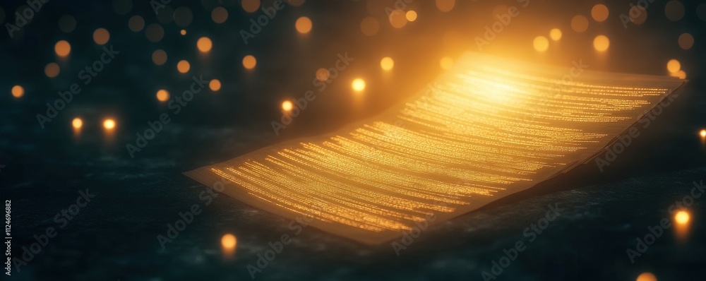 Poster an ethereal scene featuring a glowing, illuminated surface surrounded by soft, ambient lights, creat