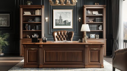 A traditional home office with a wooden desk, leather chair, and classic decor.