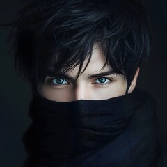 Fototapeta premium Beautiful woman and sharp eyes black hair black eyes techwear,generation AI