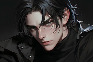 Beautiful woman and  sharp eyes black hair black eyes techwear,generation AI