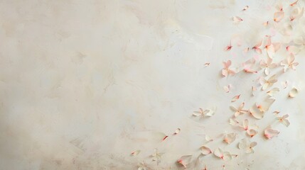 A gentle cascade of small, pastel-colored petals flowing from one corner of a soft beige backdrop.