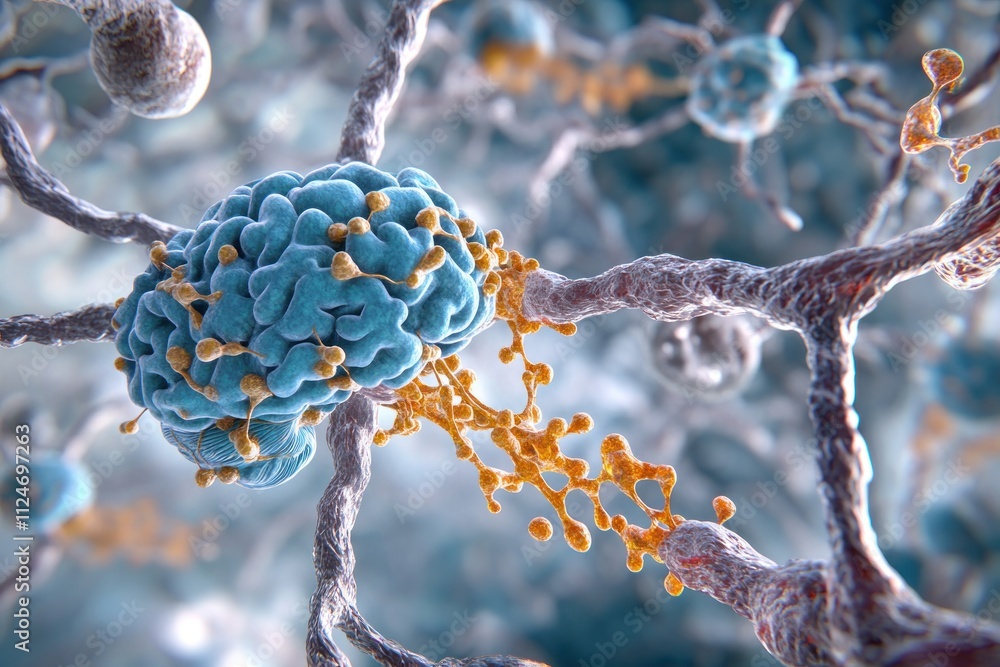 Poster vibrant depiction of neurons forming brain function pathways during memory research, showcasing cogn