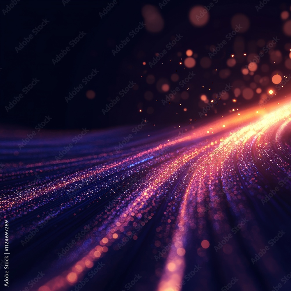 Aufkleber a vibrant, abstract depiction of glowing particles moving along a wave-like path, creating a sense o