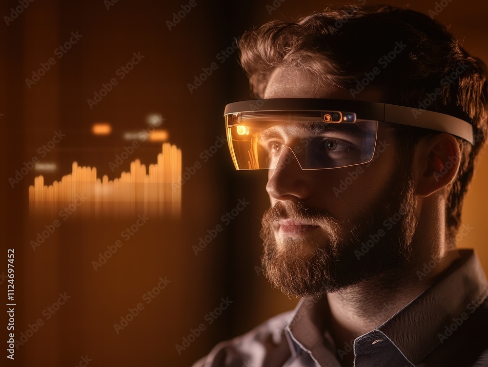 Aufkleber a man wearing smart glasses looks intently at data visualizations displayed in front of him, showcas