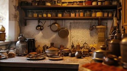 A traditional Indian kitchen with an array of spices and utensils, showcasing the complexity of Indian cuisine