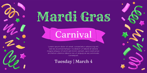 Mardi Gras banner template with 3d confetti. Frame of stars, ribbons, tinsel and dots. Firecracker border. Carnival background. Vector party illustration. Event flyer, festival cover.