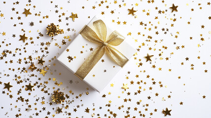 白いギフトボックスと金色リボンの華やかなデザイン