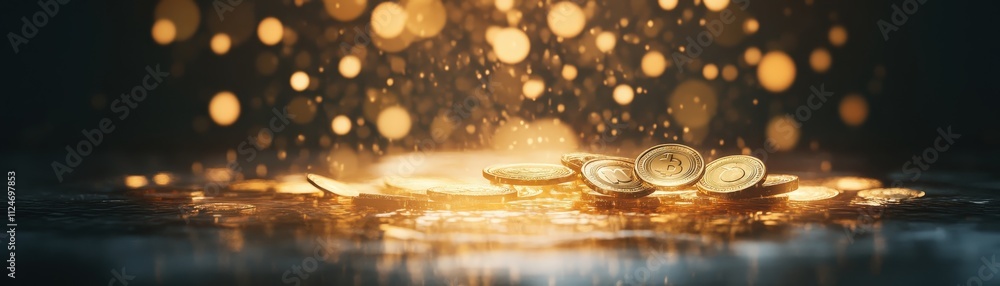 Poster a shimmering display of gold coins with sparkling light reflections, creating an atmosphere of wealt