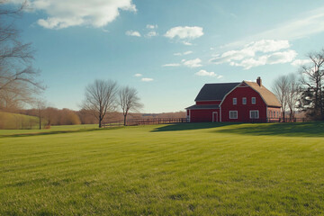 A picturesque red barn sits under a vast blue sky surrounded by lush green fields and rolling hills. This classic rural landscape embodies the peaceful charm of the countryside