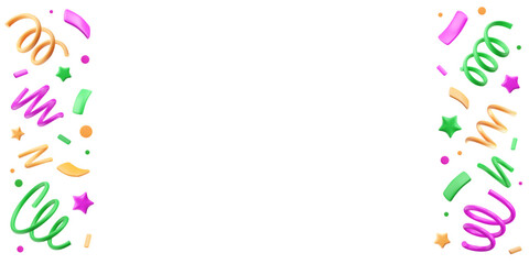 Banner template with 3d confetti border. Firecracker background. Mardi Gras carnival decoration. Frame with copy space and cartoon tinsel, squiggles, stars and dots. Party vector illustration.